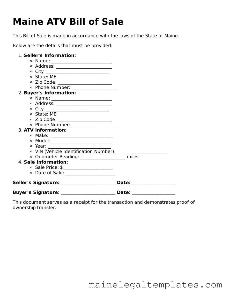 Legal ATV Bill of Sale Template for Maine