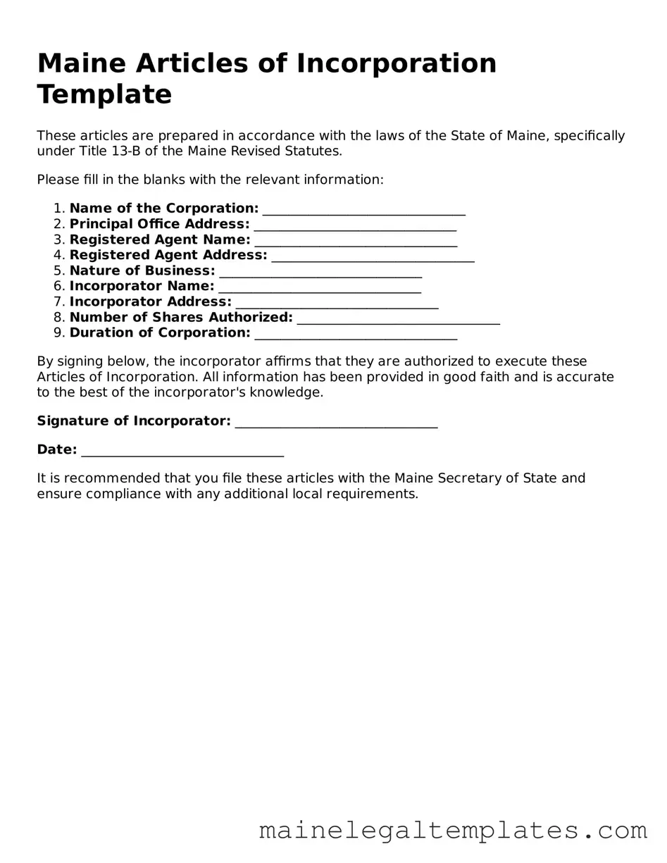 Legal  Articles of Incorporation Template for Maine