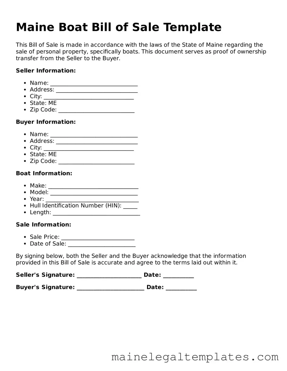 Legal  Boat Bill of Sale Template for Maine