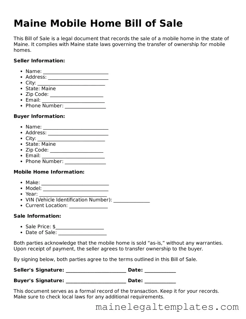 Legal  Mobile Home Bill of Sale Template for Maine