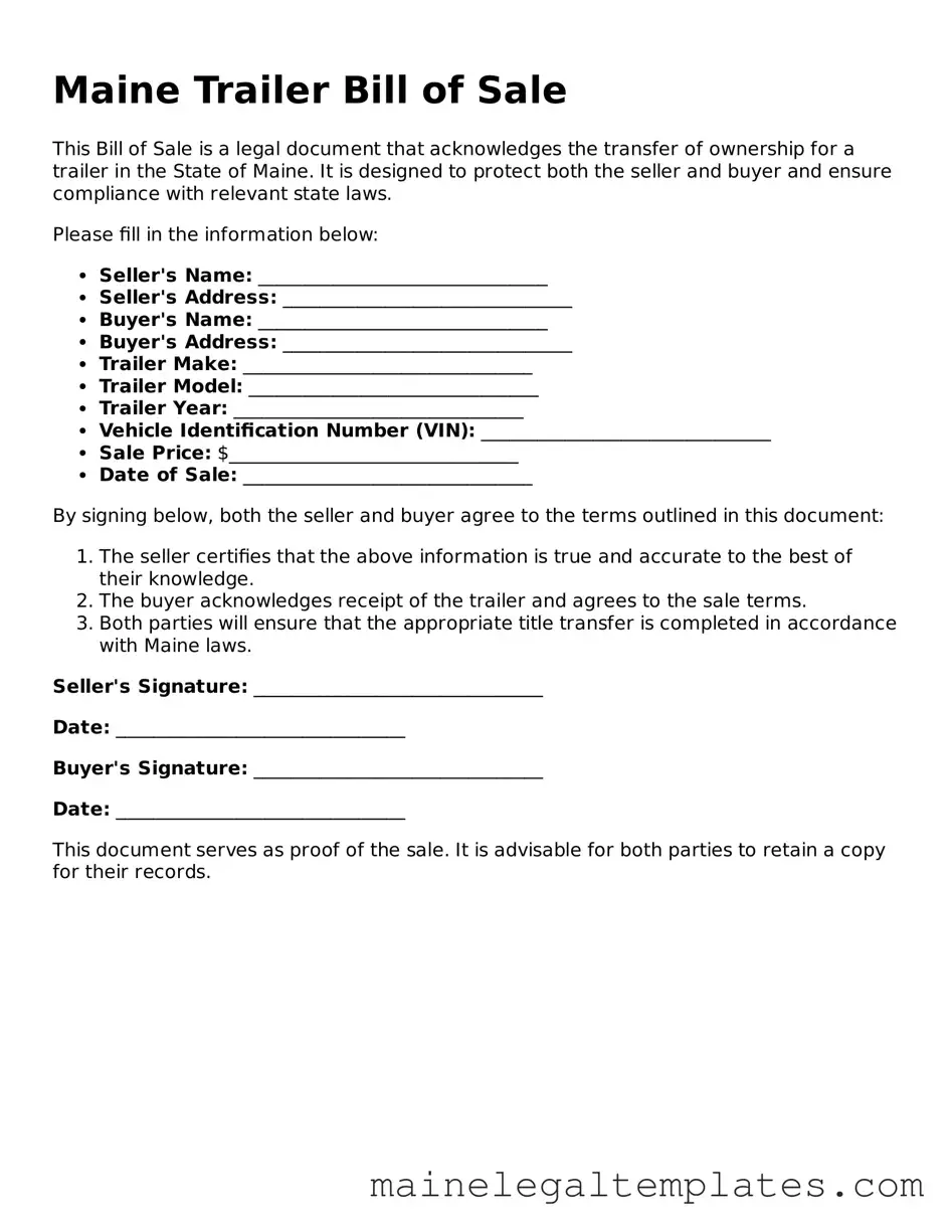 Legal  Trailer Bill of Sale Template for Maine