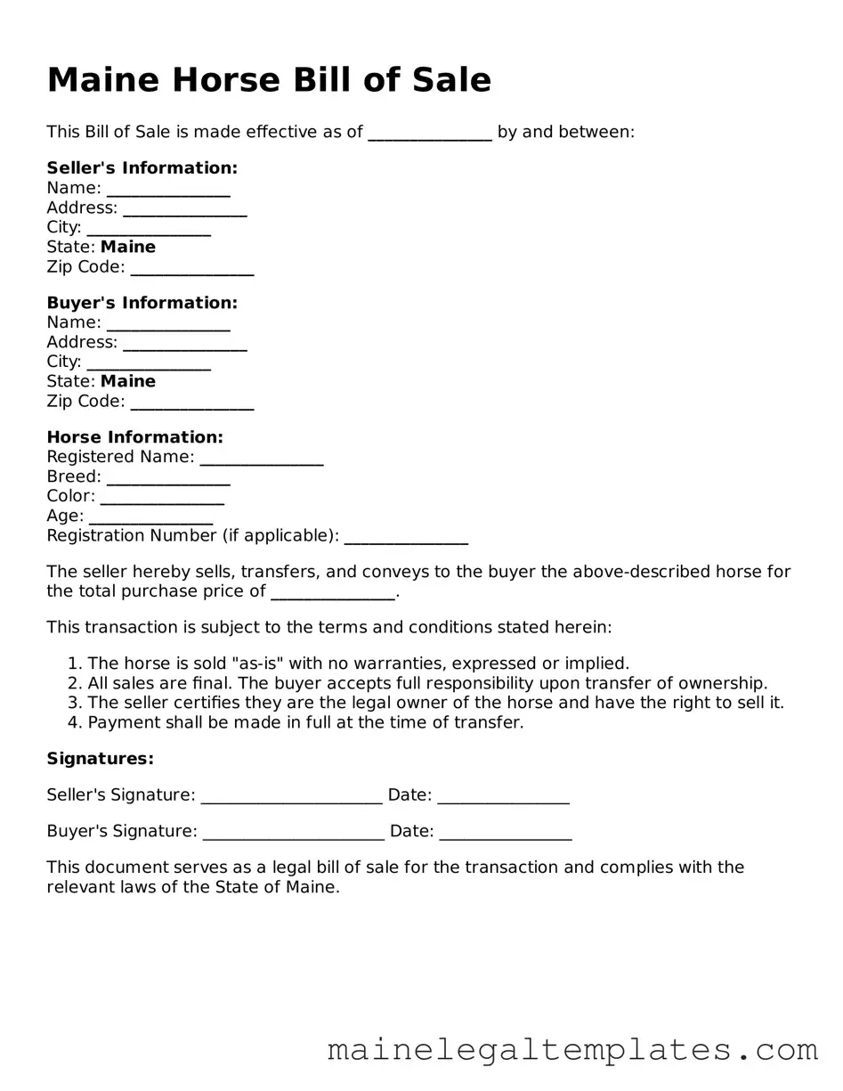 Legal  Horse Bill of Sale Template for Maine