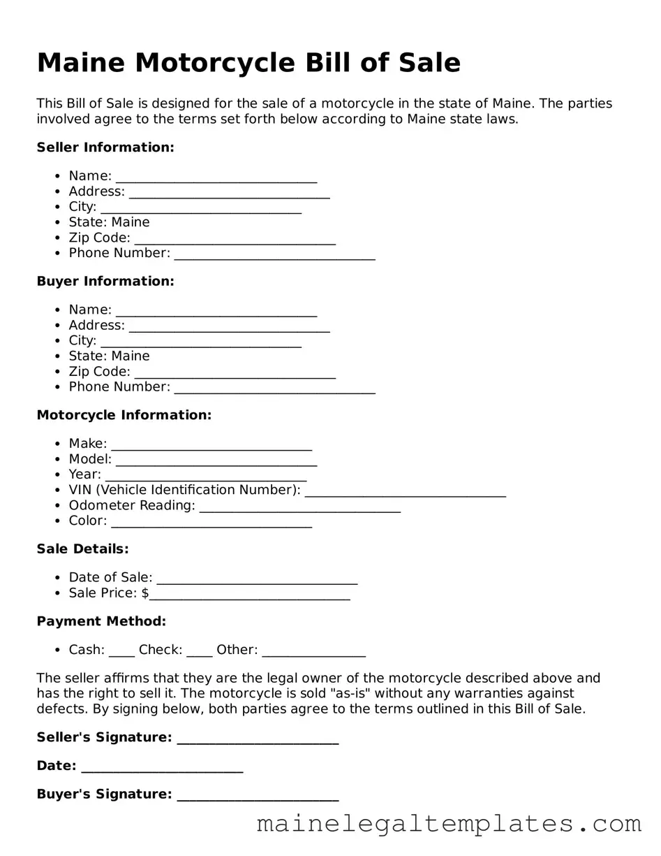Legal  Motorcycle Bill of Sale Template for Maine