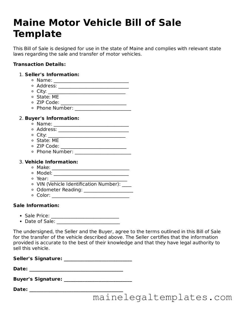 Legal  Motor Vehicle Bill of Sale Template for Maine