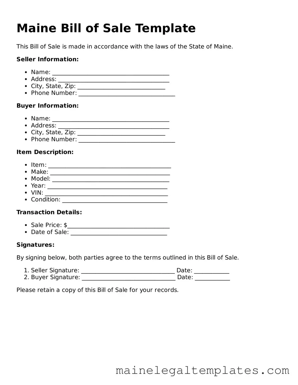 Legal  Bill of Sale Template for Maine