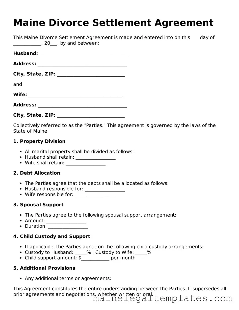 Legal  Divorce Settlement Agreement Template for Maine