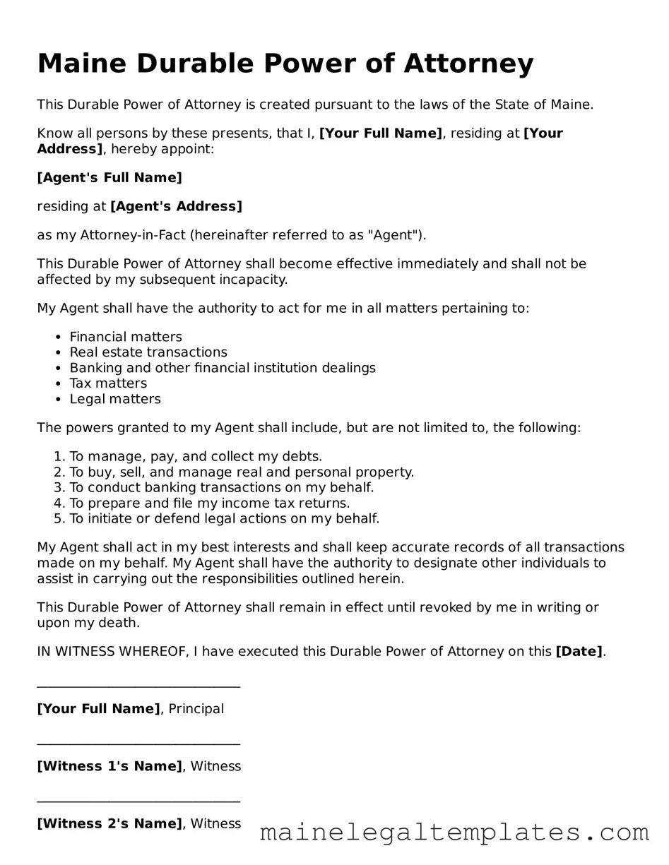 Legal  Durable Power of Attorney Template for Maine