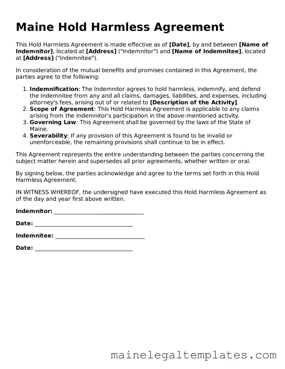 Legal  Hold Harmless Agreement Template for Maine