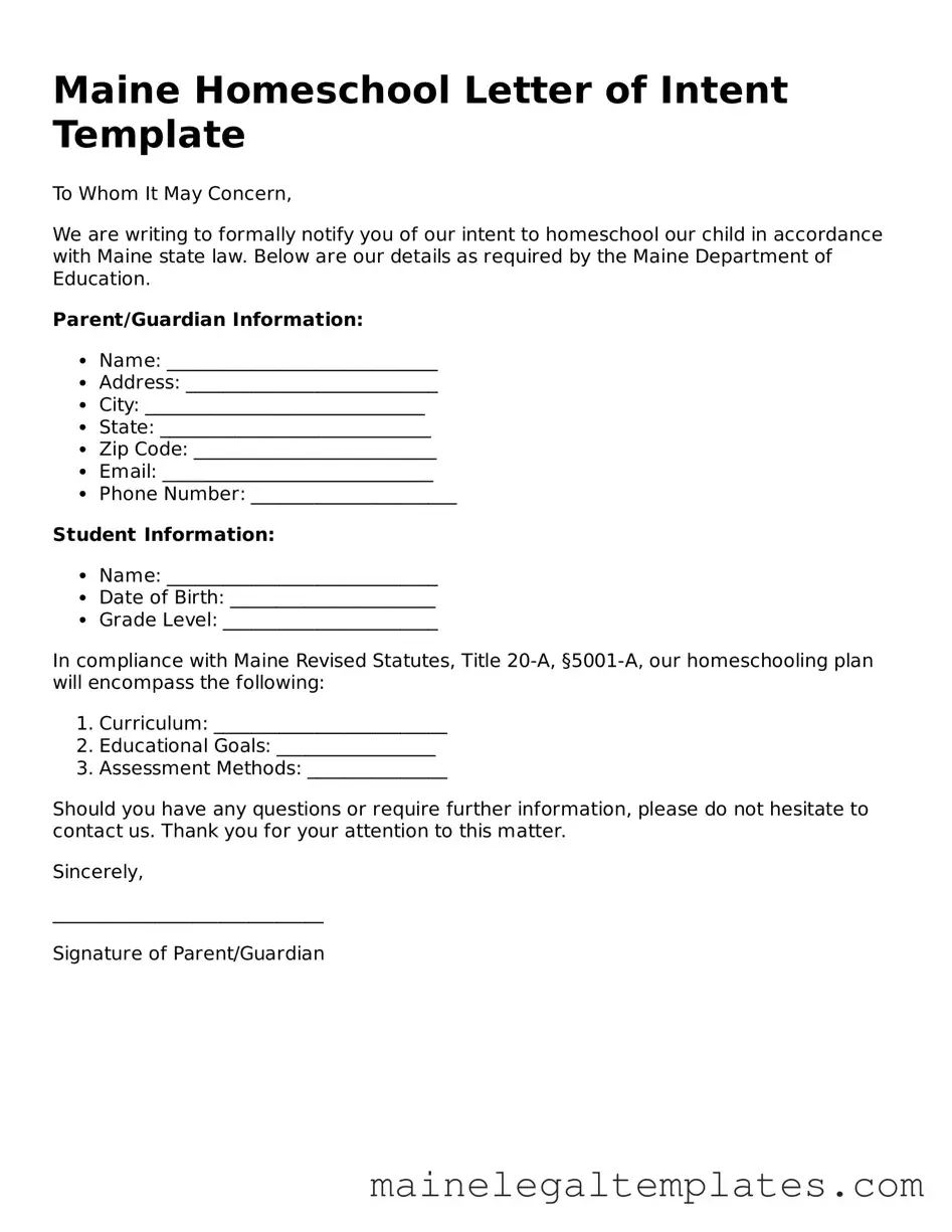 Legal  Homeschool Letter of Intent Template for Maine
