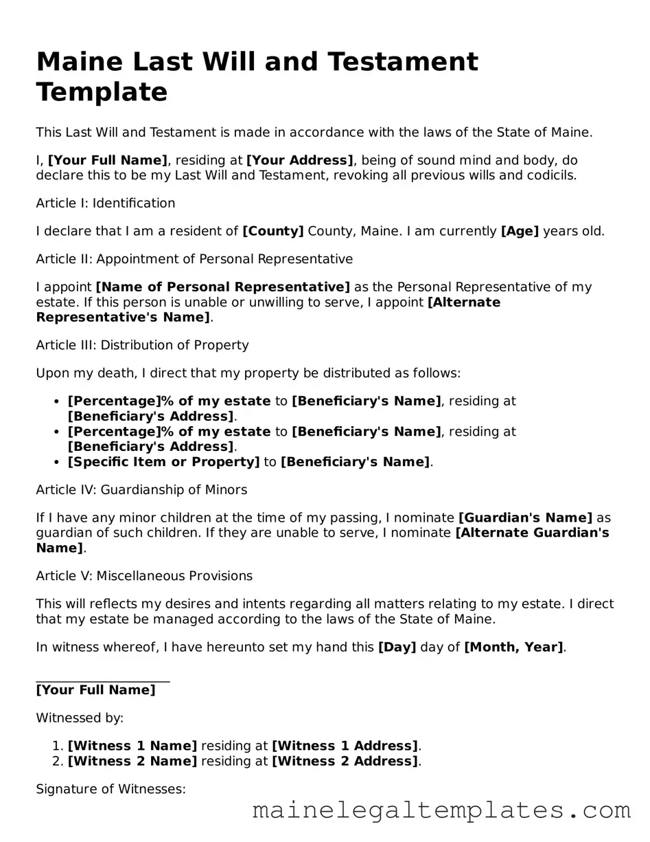 Legal  Last Will and Testament Template for Maine