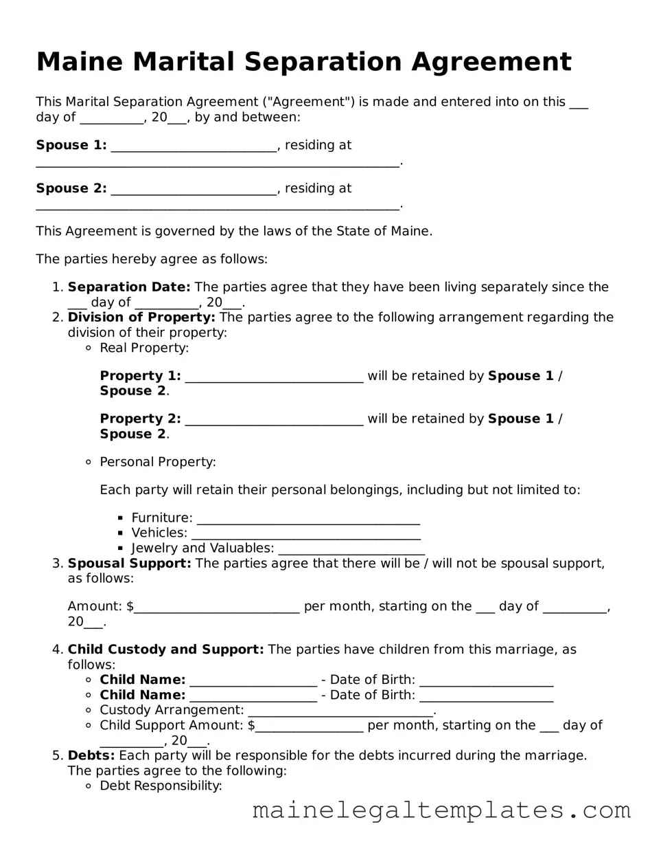 Legal  Marital Separation Agreement Template for Maine