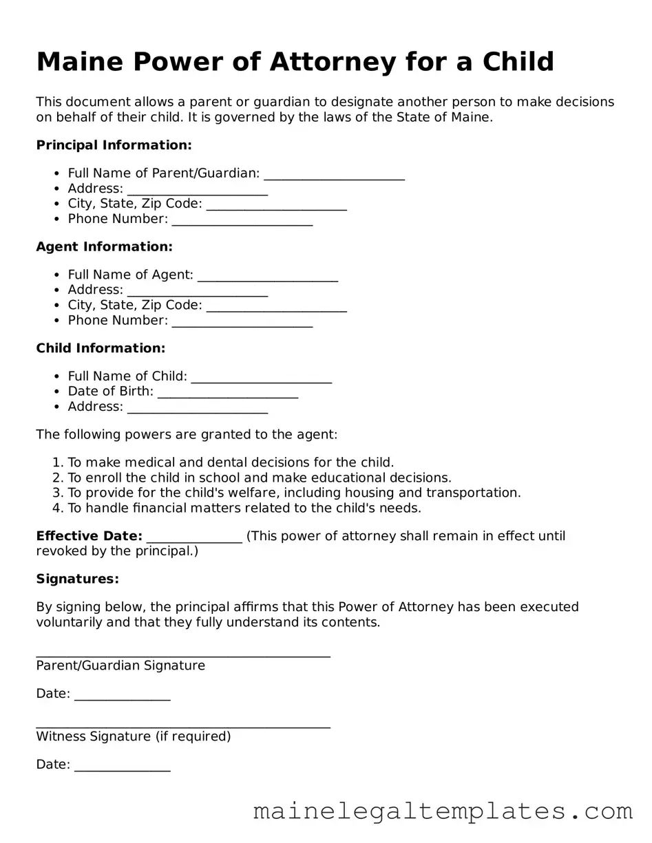 Legal  Power of Attorney for a Child Template for Maine