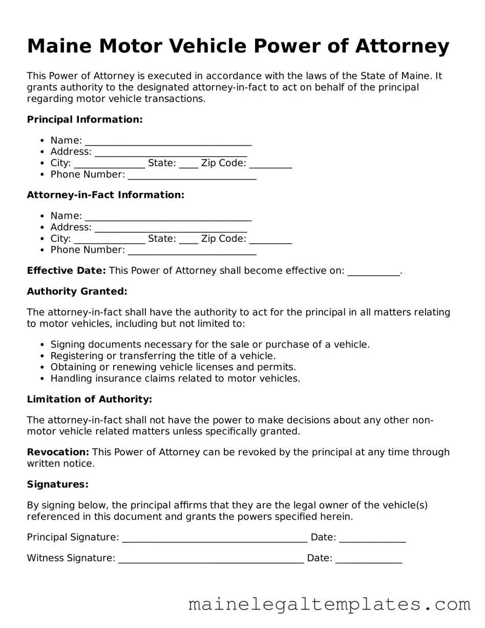 Legal  Motor Vehicle Power of Attorney Template for Maine