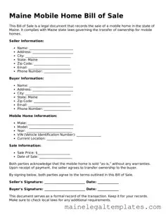 Legal  Mobile Home Bill of Sale Template for Maine