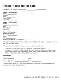 Legal  Horse Bill of Sale Template for Maine