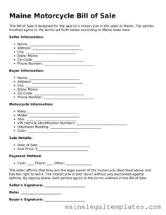 Legal  Motorcycle Bill of Sale Template for Maine