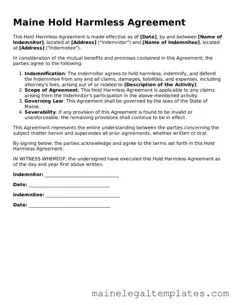Legal  Hold Harmless Agreement Template for Maine